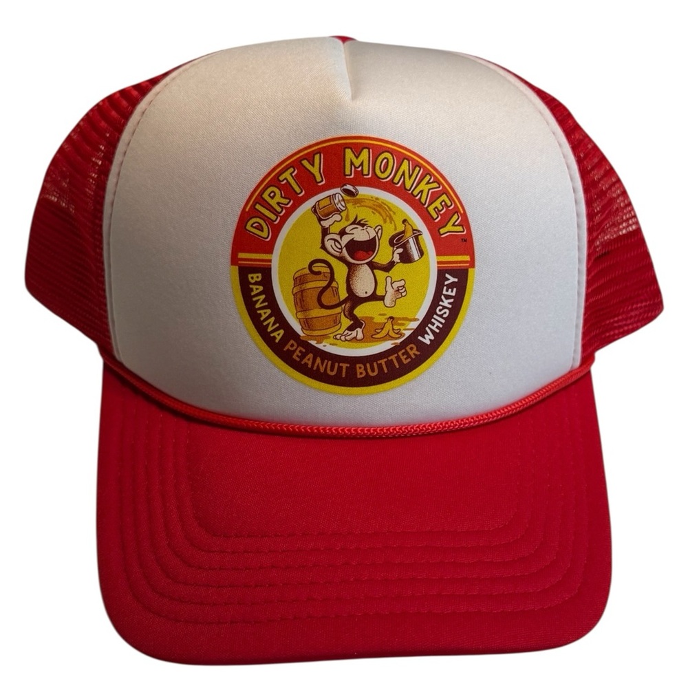Retro Bar Trucker Hat Red & White Dirty Monkey Peanut Butter Whisky Baseball Hat